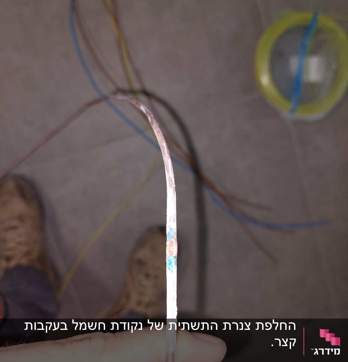חוט חשמל ביד עם חוטים נוספים ברקע